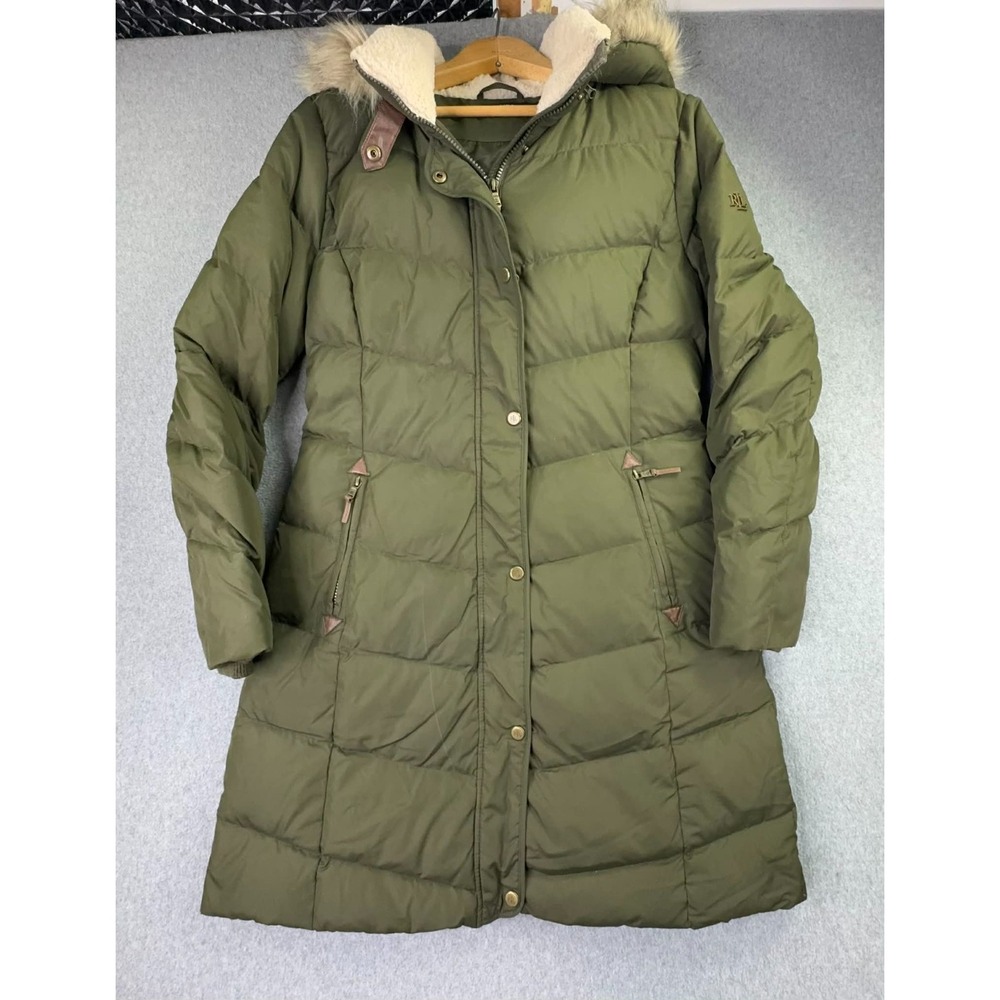 Ralph‎ Lauren LRL Black Label Down Puffer Coat Fur Womens M Olive Quilted Luxury